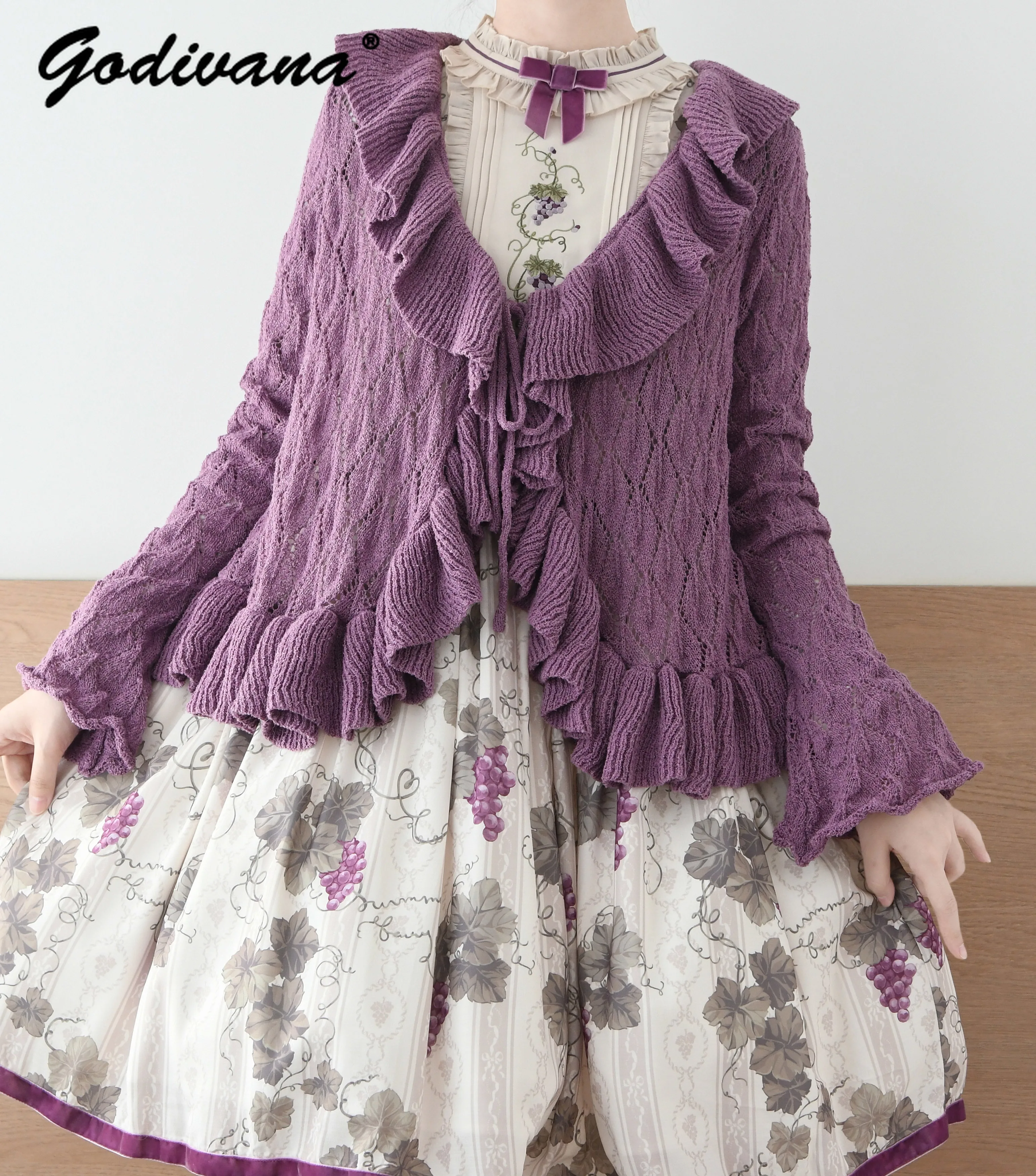 

Новый осенне-зимний вязаный кардиган в стиле Лолиты для девочек с рюшами, однотонный милый женский кардиган с длинными рукавами, пальто