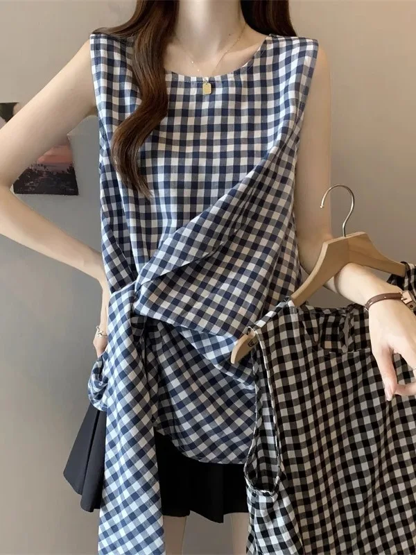 Azul a cuadros Svel irt mujeres de gran tamaño novedad de verano Sle cintura acanalada chaleco con cinturón Top coreano Sle ajuste suelto