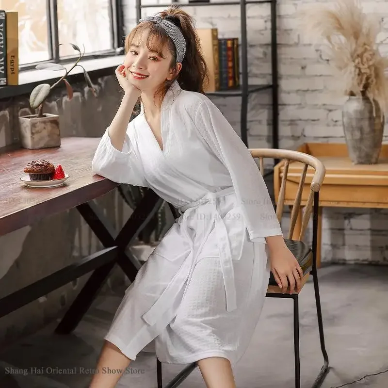 

Сексуальная одежда для сна с v-образным вырезом, ночная рубашка, вафельный женский халат, кимоно, свободный повседневный однотонный халат, домашнее платье, одежда для дома, пеньюар, пижама