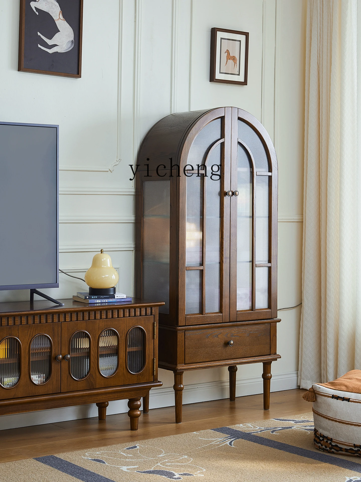 

HXL All Solid Wood Wine Cabinet retro Arched TV Side Cabinet Living Room Decoration Cabinet