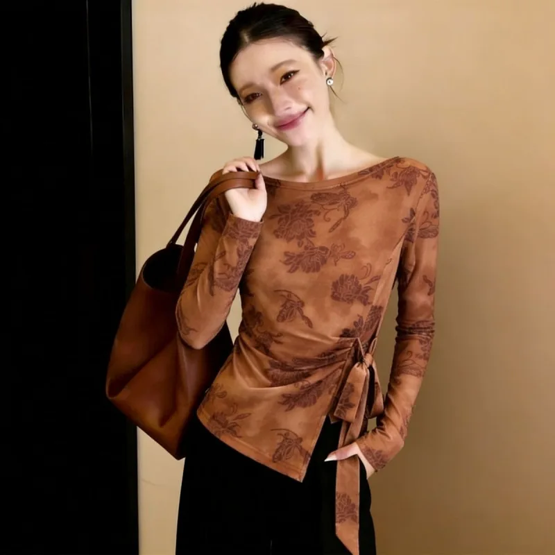 New Printed Mesh Women Base Shirt Spring Autumn Fashion Casual Long Sleeved Sun Protection Ice Silk Inner Layer Women's T-Shirt