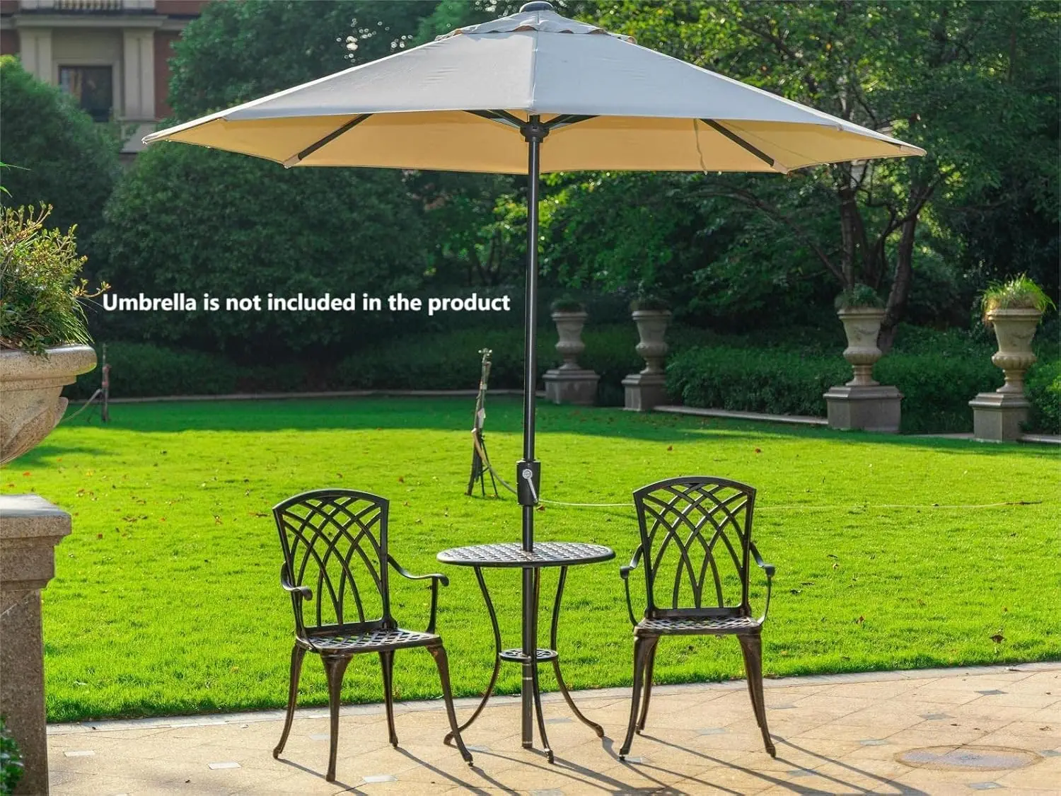 Bronze rust-resistant cast aluminum 3-piece outdoor bistro set with round table equipped with umbrella hole, sturdy metal furniture for patio, balcony and private yard leisure use view 4