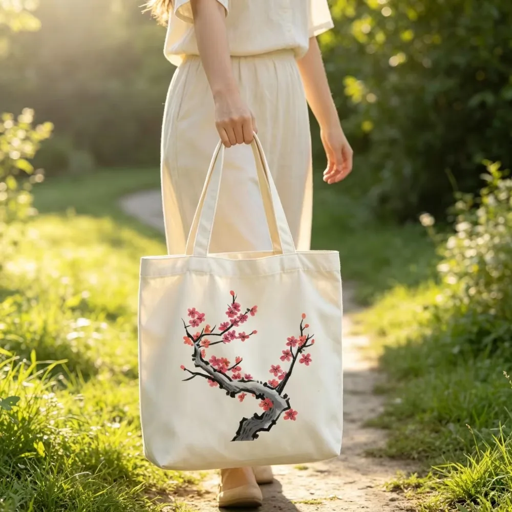 Personalized Cherry Blossom Canvas Tote Bag Custom Name Sakura Flower Branch Grocery Shopping Bag Reusable for Women Girls Gifts