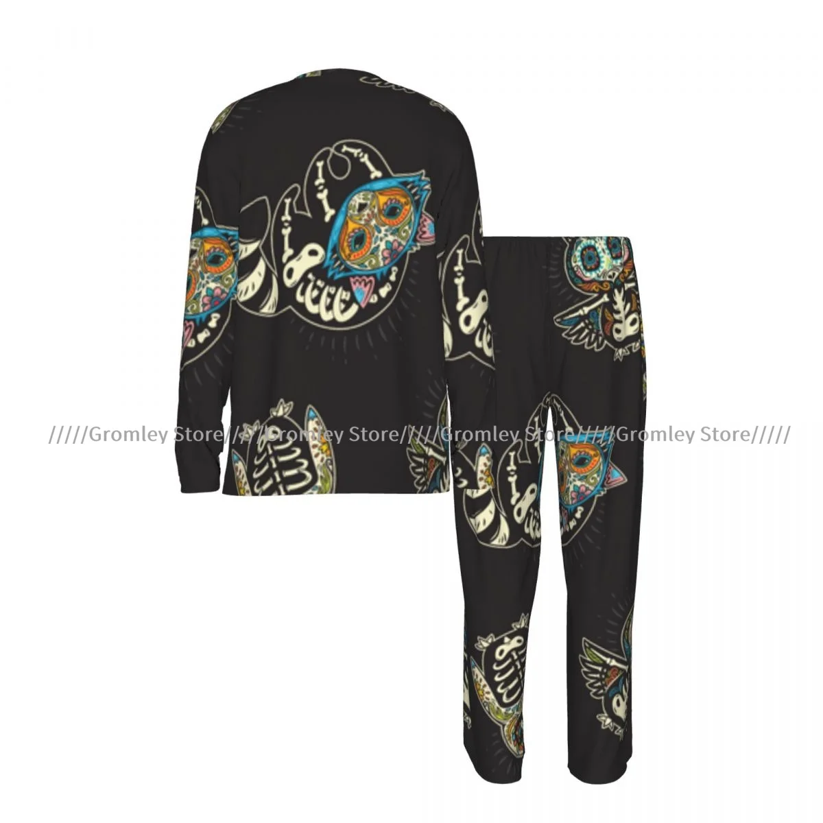 Men's Sleepwear Set Mexican Skulls Owls Pattern Long Sleeve Top and Long Pants Pajamas Male Home Loungewear Nightwear