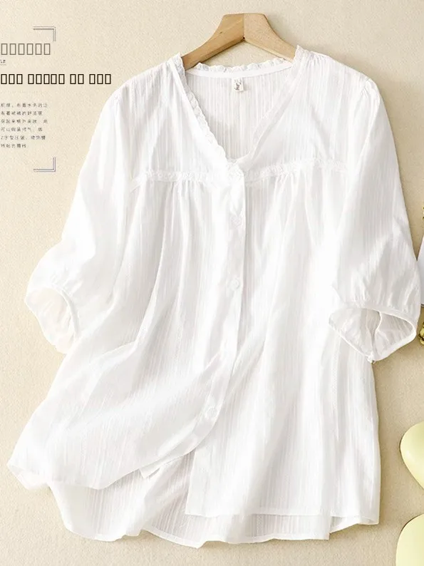 

Белая плиссированная блузка с V-образным вырезом и тонкой кружевной отделкой, брендовая, по индивидуальному заказу, женская, повседневная, модная, летняя, свободного кроя, однотонная
