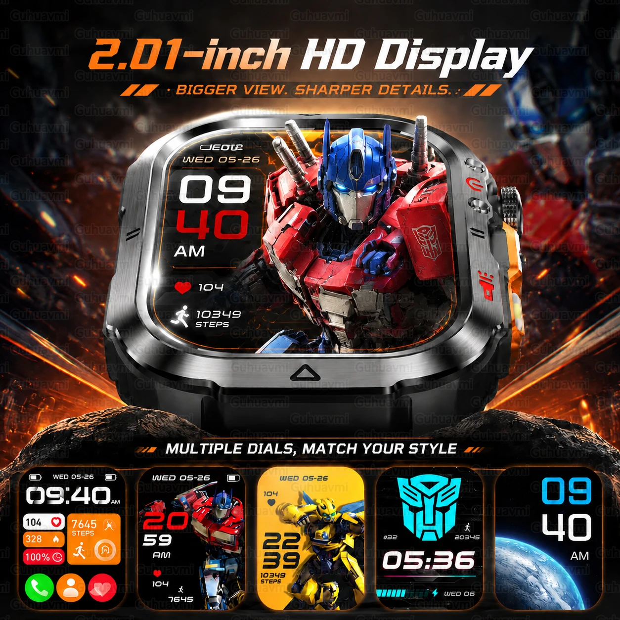 2.01''Transformers Military Rugged Smart Watch Men 1000mAh Battery Flashlight BT Call 5ATM Waterproof Tactical Sports Smartwatch