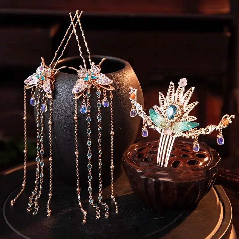 

Womens Butterfly With Beaded Tassel Hairpin 3-piece Set Chinese Hanfu Hair Accessories
