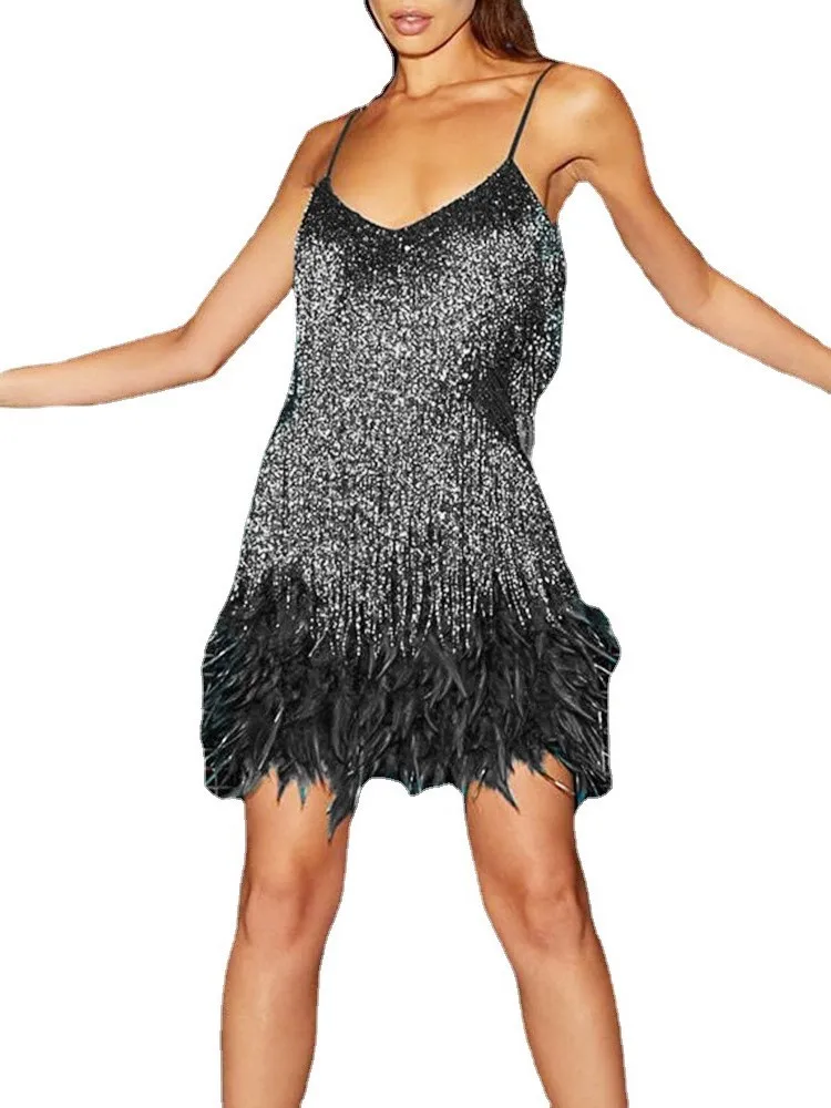 Ausländischen Stil Quaste Pailletten Kleid Für Frau Mode Schlinge Sexy V-ausschnitt Feder Spleißen Mini Kleider Damen Party Prom Vestidos