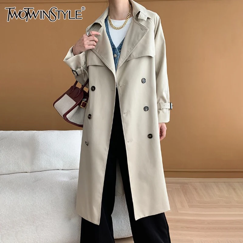 

TWOTWINSTYLE Solid Temperament Trenchs For Women Lapel Long Sleeve Patchwork Double Breasted Elegant Trench Female Fashion New