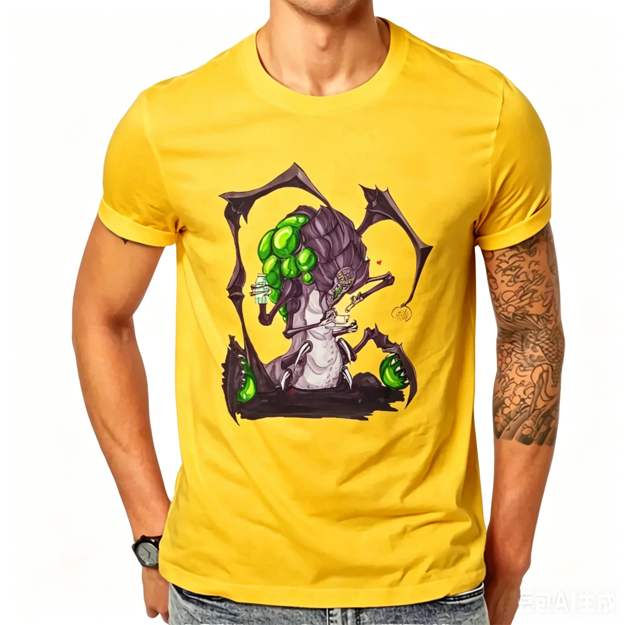 Cotton  100% Sci‑Fi Zerg Creature Graphic Men T‑Shirt Funny Alien Drinking Tea Design Short Sleeve Casual Streetwear Tops