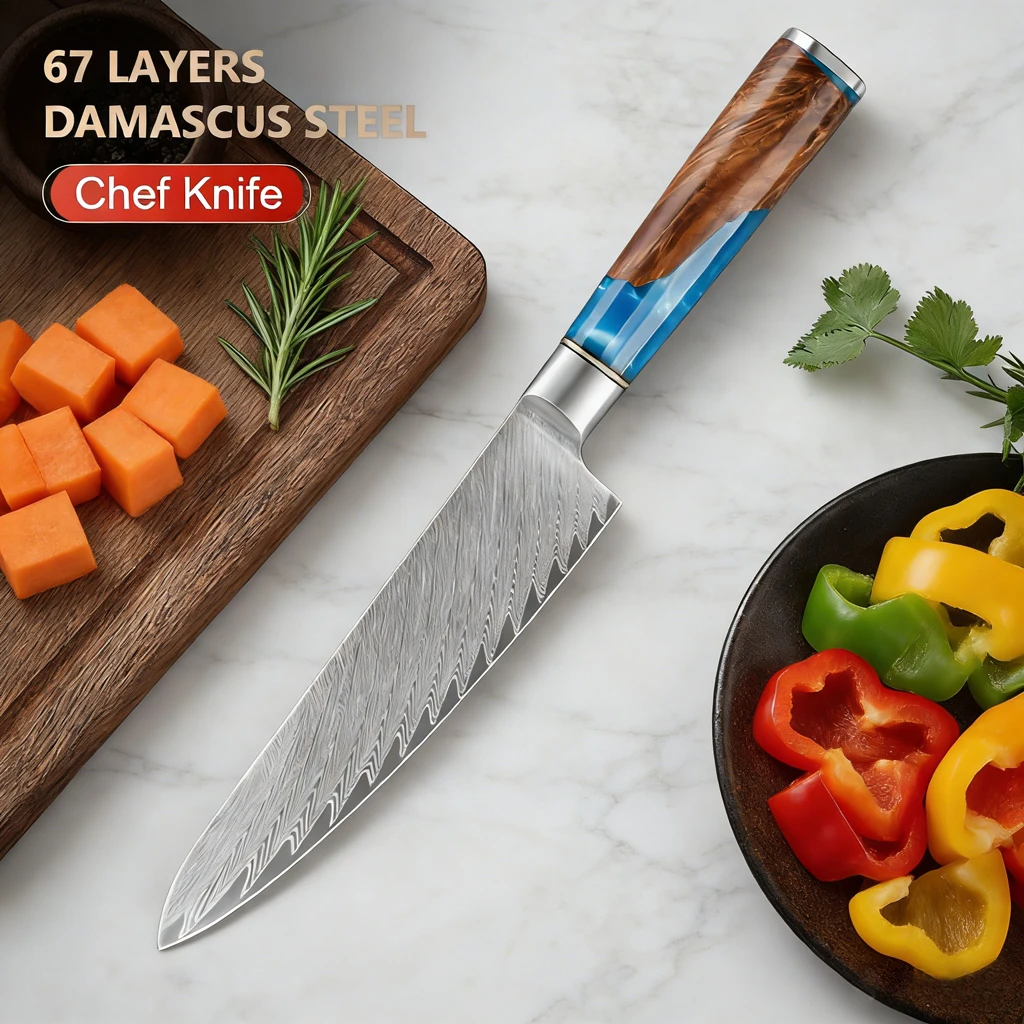 

8 Inch Chef Knife Japanese Damascus Steel Kitchen Cutting Meat Vegetable with Blue Resin Handle