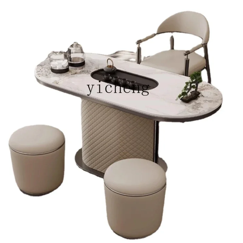 

Light Luxury Stone Plate Saddle Leather Modern High-End Tea Table Home Office Tea Brewing Balcony Small Tea Table