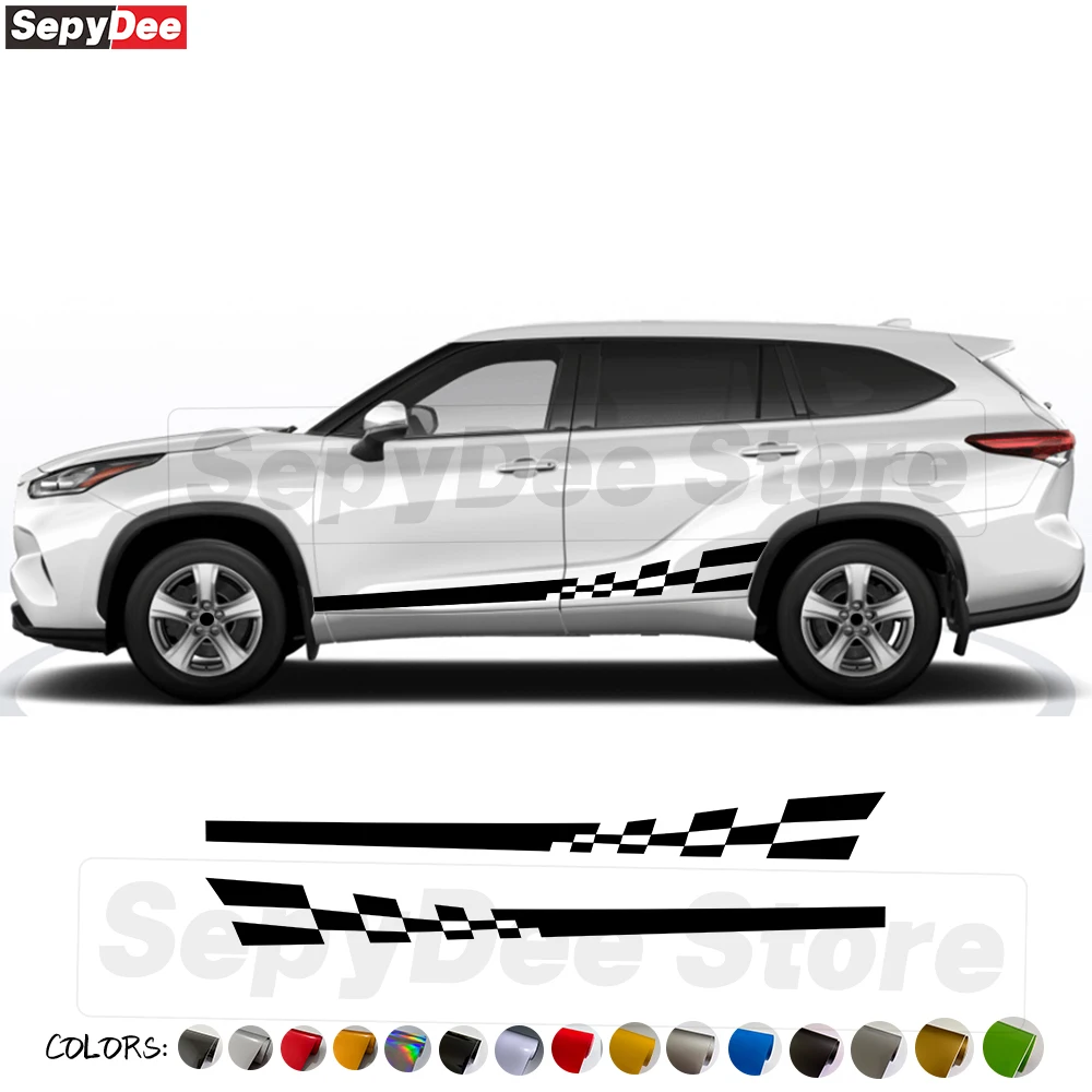 

2 шт. клетчатые графические Наклейки на боковые двери автомобиля для Toyota Highlander, Длинные полосы, аксессуары для Toyota Highlander