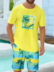 3D Palm Print Hawaiian Men's Short Sleeve Set Summer Casual Everyday Men's Fashion T-shirt Outdoor Vacation Men's Beach Shorts