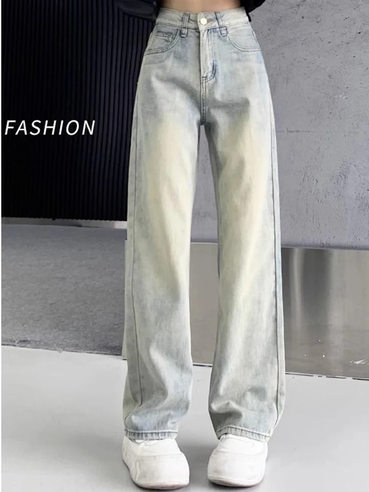 Woman American Retro Washed High Waist Loose Straight Leg Jeans Lady Light Blue Fashion Student Straight Leg Trousers Large Size