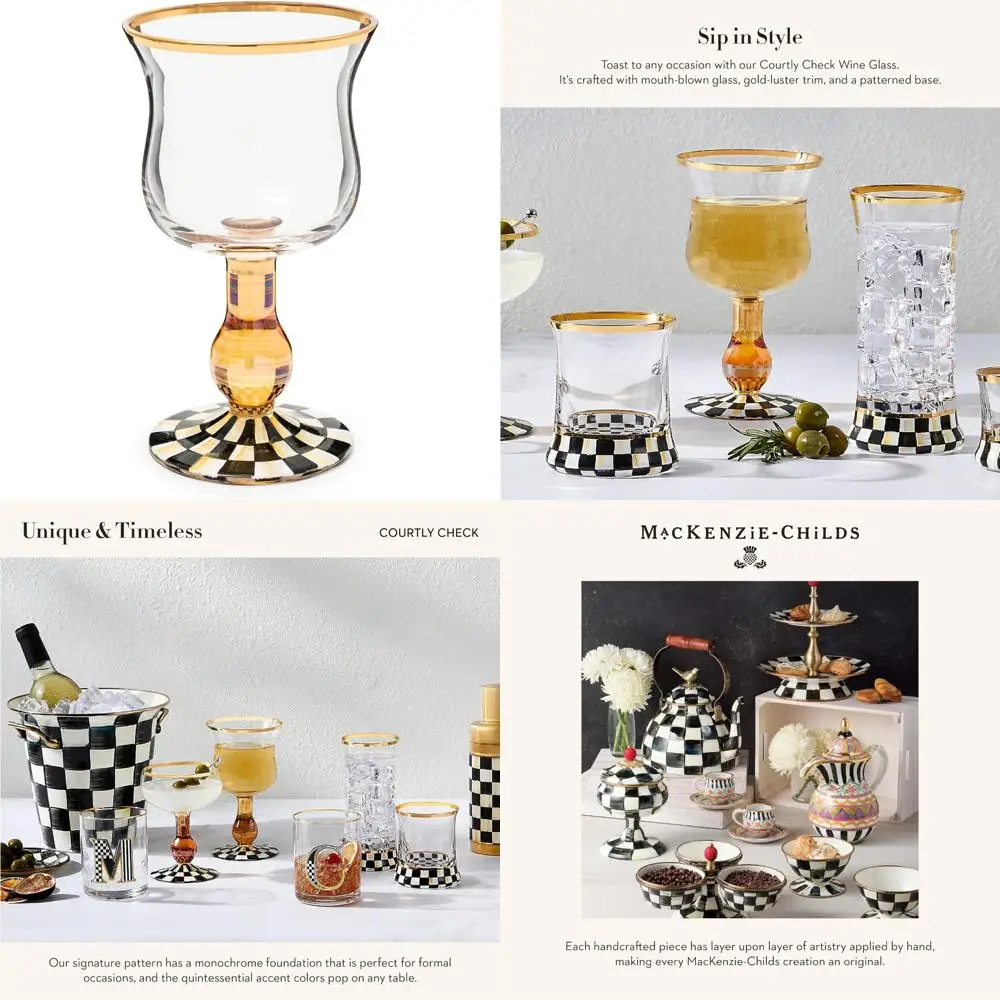 

Decorative 16-Ounce Stemmed Wine Glassware in Black and White Courtly Check Pattern, Elegant Tableware for Special Occasions
