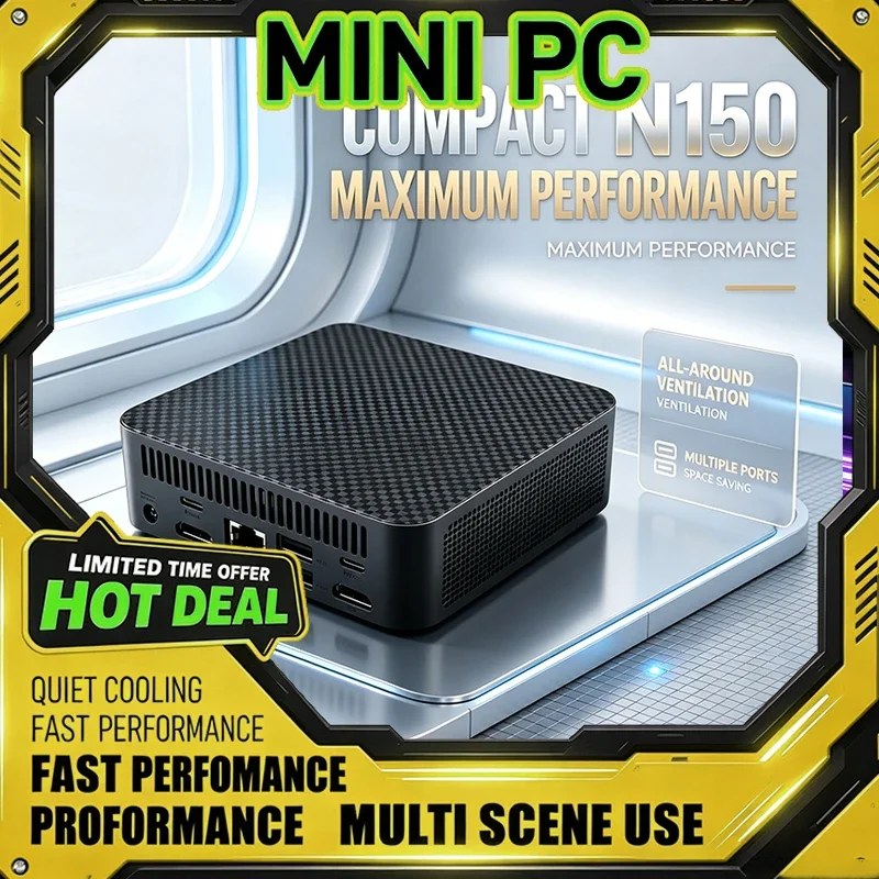 N150 Mini PC with All-Round Cooling Ventilation Portable Computer for Business Home Office Work - Multiple Connection Ports