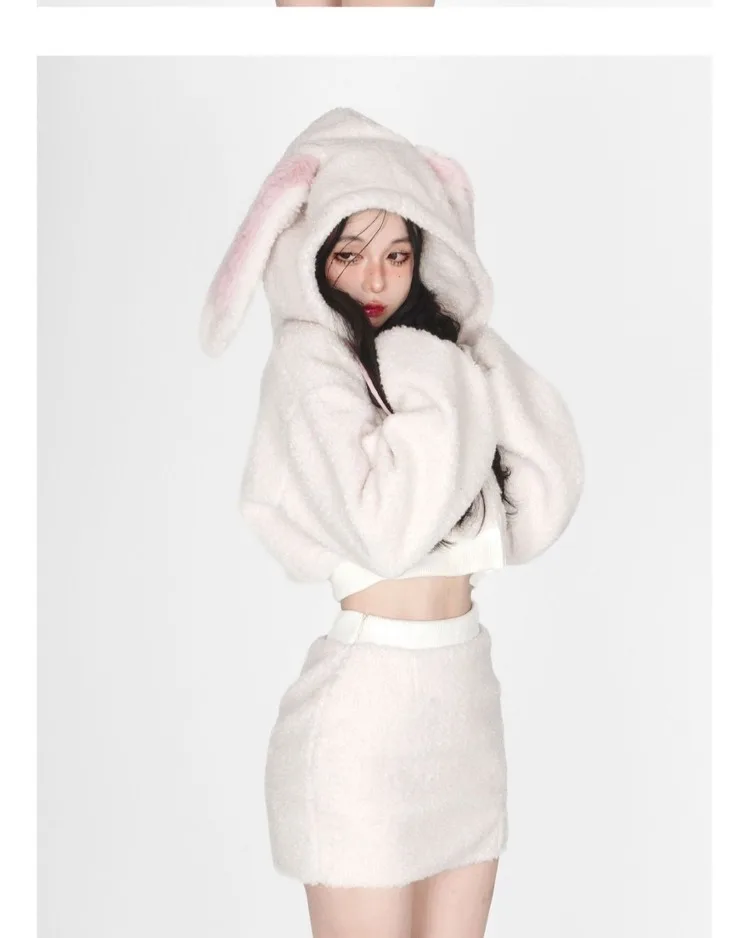 Sweet Kawaii Rabbit Ears Hoodie Long Sleeve Zipper Coat Women+ Y2k High Waist Bodycon Split Skirts 2024 New Two Piece Sets