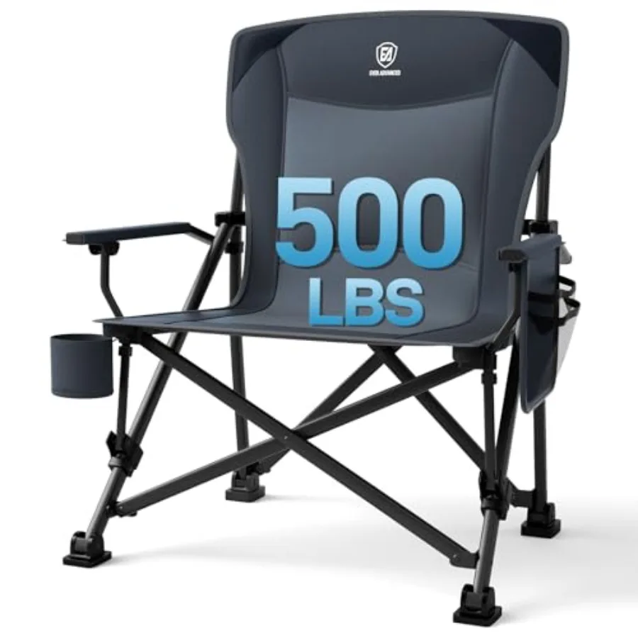 

Oversized Folding Camping Chair for Adults: Heavy Duty Grey Lawn Chair with Side Pockets Portable Collapsible Quad Chair for Ou
