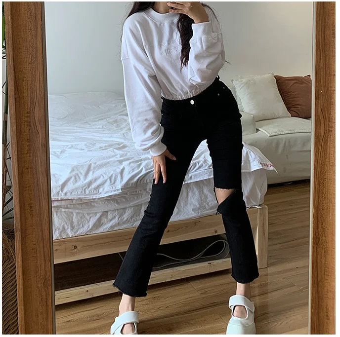 

Black High-Waist Slim Fit Denim Jeans Women's Spring Autumn New Style Hole Punching Fashionable Skinny Pants Cotton Stretch