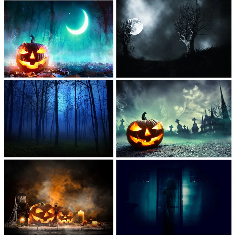 

Halloween Backdrop Pumpkin Lantern Forest Moon Tombstone Photo Background For Photography Studio Props 2189 XTXT-03