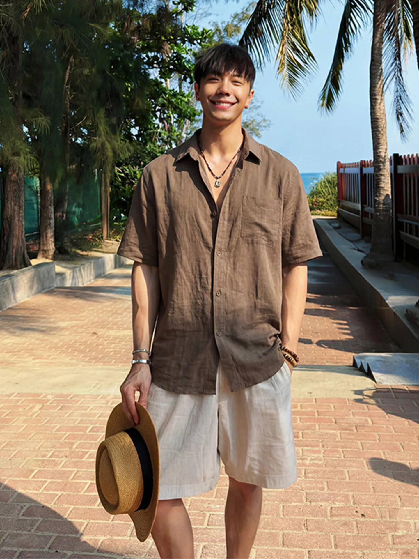 Men's Summer Short Sleeve Shirt Casual Loose Fit Sun Protection Polyester Fiber Washed Processed Fashionable for Holiday Wear