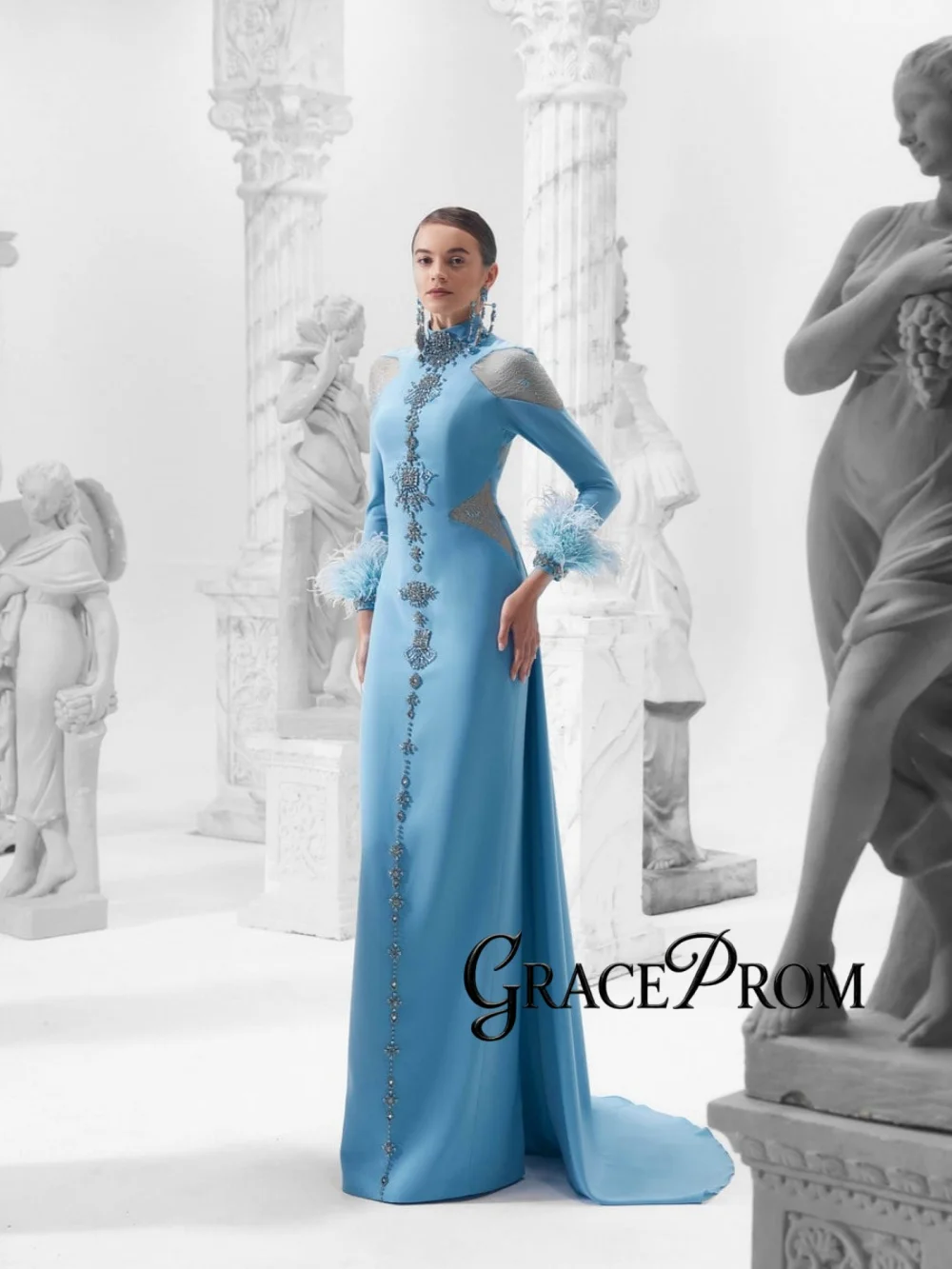 

Muslim Luxury Crystal Evening Dress Modern High Collar Long Sleeve Wedding Party Gowns Customized Feathered Banquet Gowns