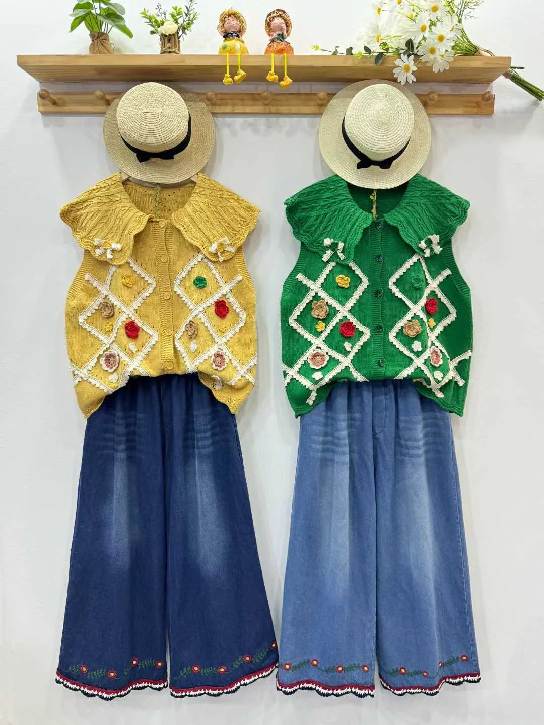 

Winter Woman Clothes Sweet Vintage Beige Yellow Green Knit Women's Vests Mori Girl Handmade Embroider Sweater Vest