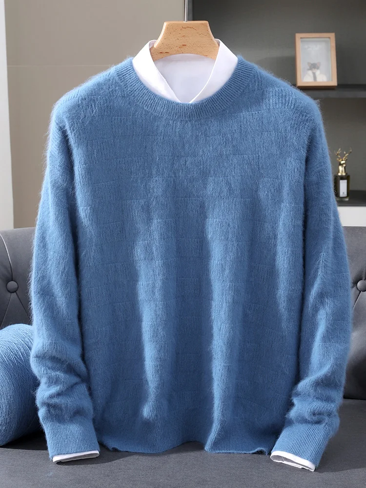 Luxury Men's 100% Mink Cashmere Thickening Sweater O-neck Grid Pullover Thick Knitwear Top Autumn Winter Anti-pilling Clothing