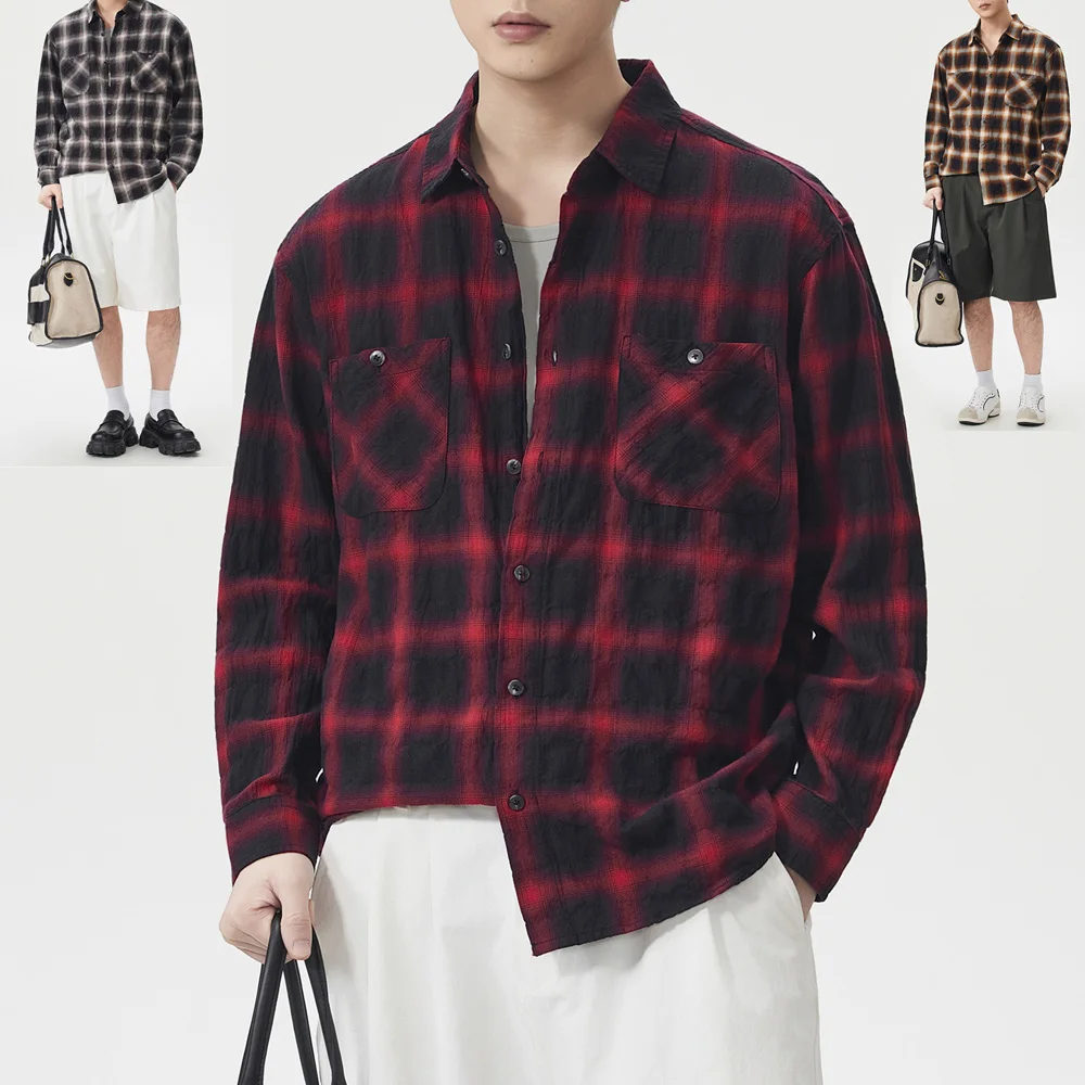 

Мужская рубашка из 100% хлопка в американском уличном стиле, хип-хоп, свободного кроя, повседневная, с длинным рукавом, винтажная, в клетку, больших размеров