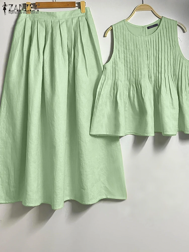 ZANZEA Donna Estate 2PCS 2025 Set di abiti alla moda Canotte a pieghe senza maniche e maxi gonne Casual Solid Party 2 pezzi Abiti