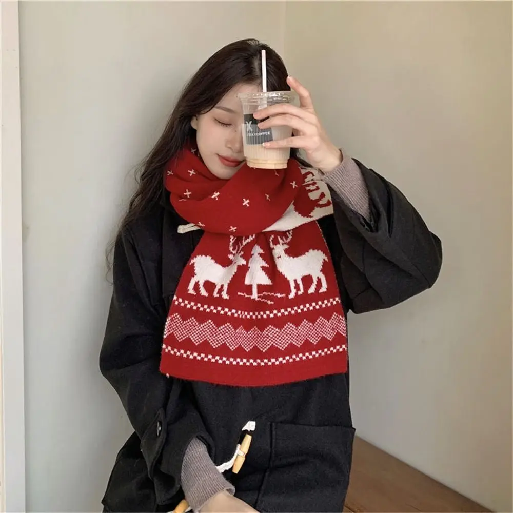 Fashion Christmas Pattern Long Scarf Printed Snowflake Knitted Red Scarf Winter Warm Double-sided Neckerchiefs for Outdoor