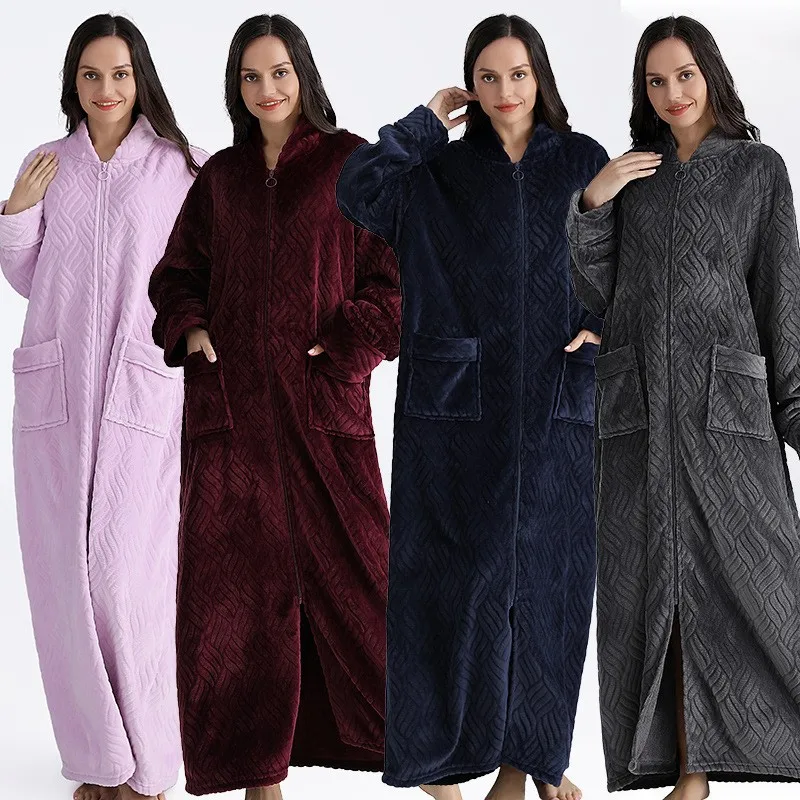 Women Winter Plus Size Long Warm Flannel Dressing Gown Pregnant Zipper Bathrobe Lovers Cozy Bath Robe Men Night Sleepwear