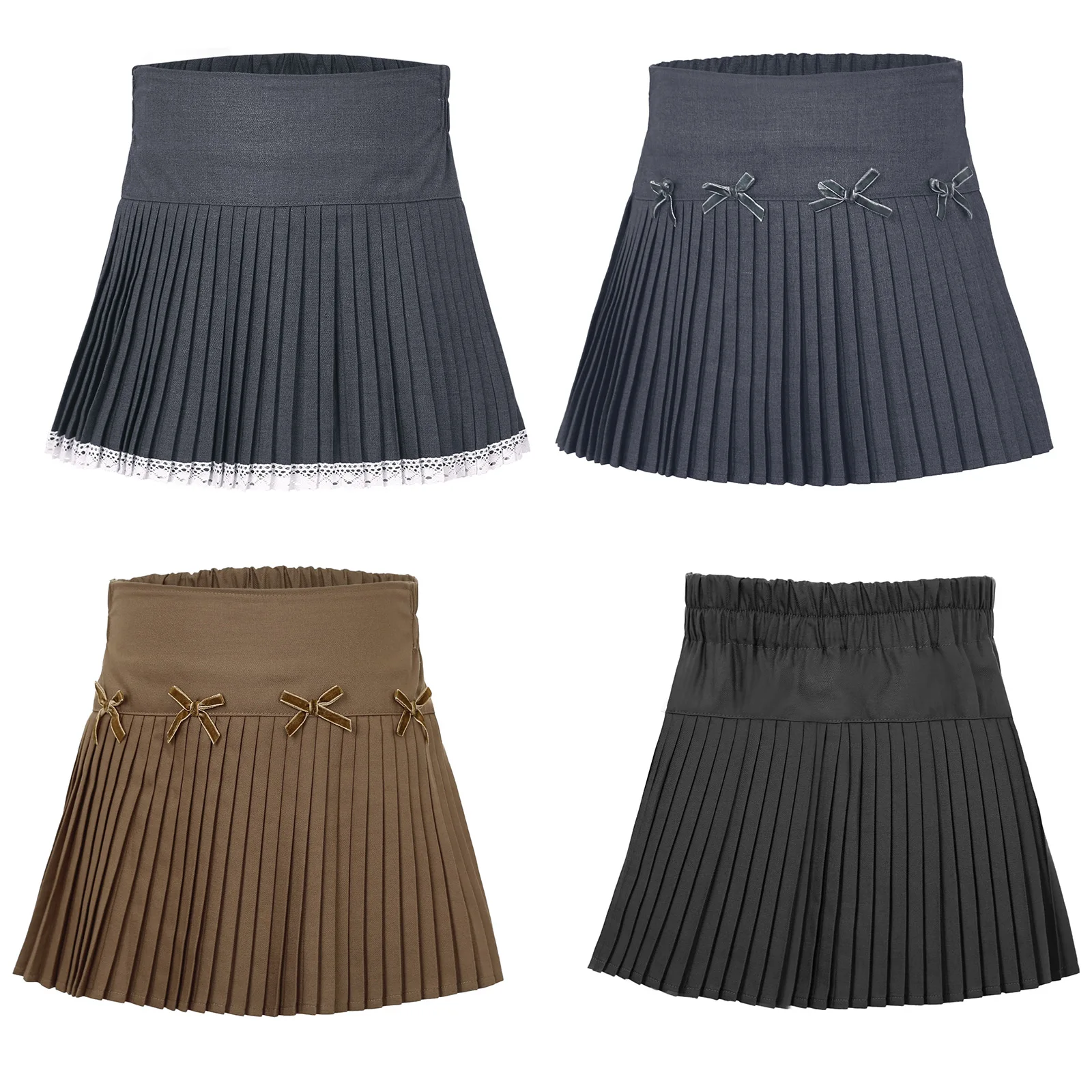 Kids Girls College Style Pleated A-line Skirt High Waist Bowknot Childs School Uniform Skirts with Undershorts