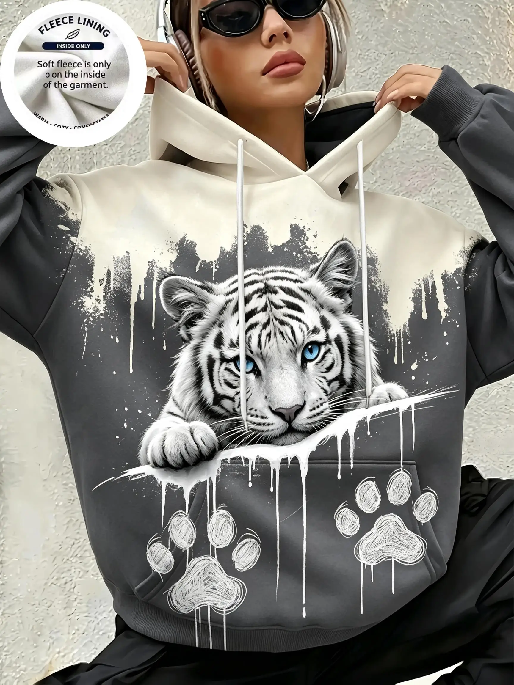 Street Art Dripping Ink Animal Fleece Hoodie for Women, Wildlife Portrait Hooded Sweatshirt