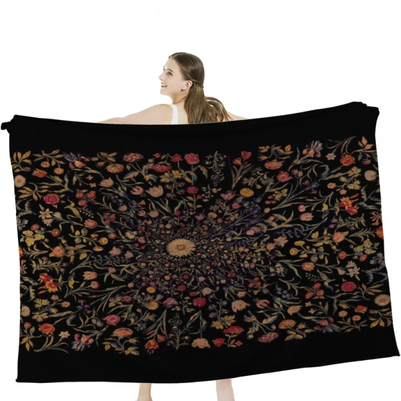 Medieval Flowers on Black Throw Blankets Soft Velvet Blanket Camping ,Travel Bedding Blanket