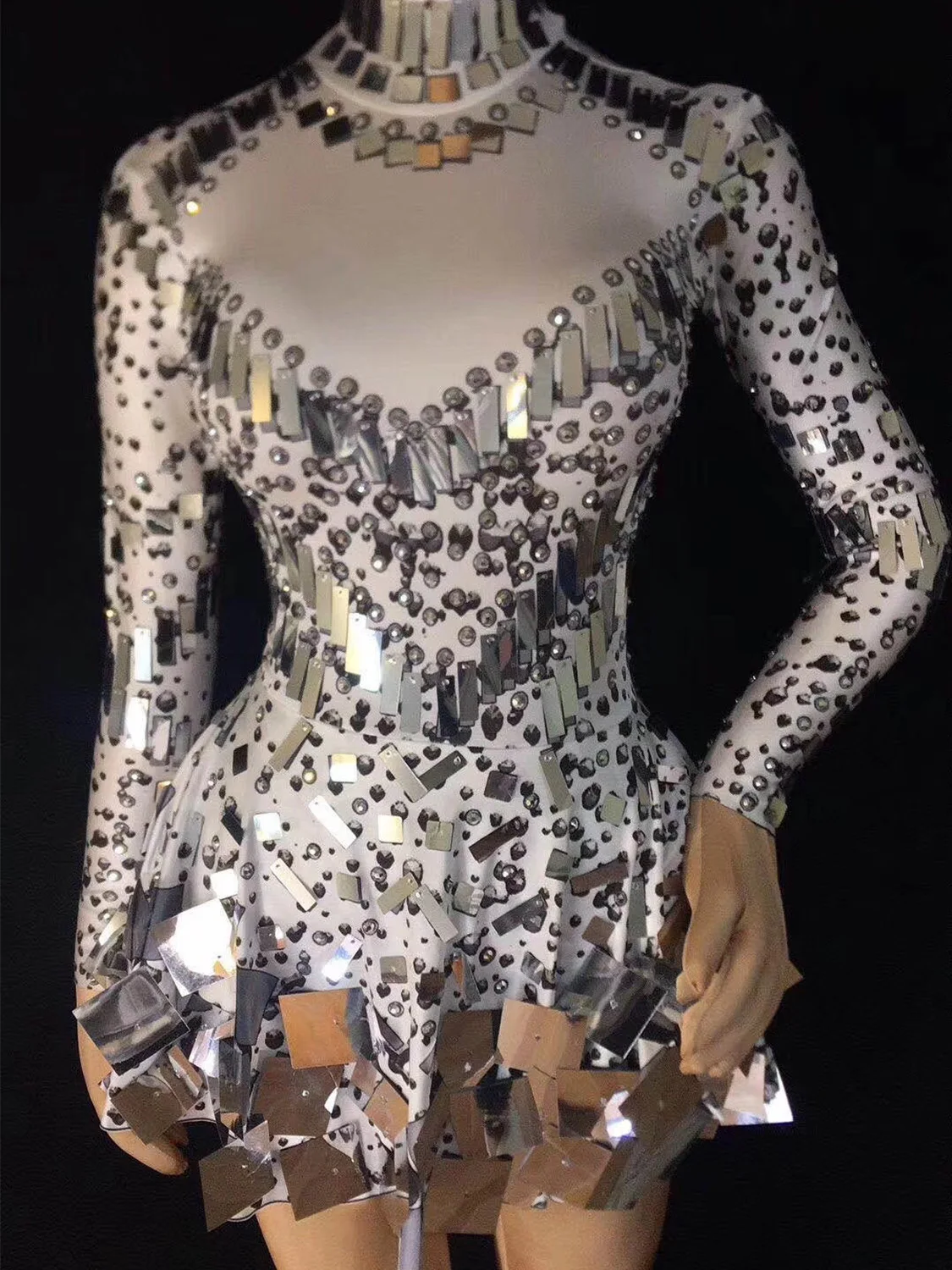 Robe Sexy à manches longues pour femmes, paillettes argentées scintillantes, strass scintillants, Costumes de Jazz et de danse latine, vêtements de fête