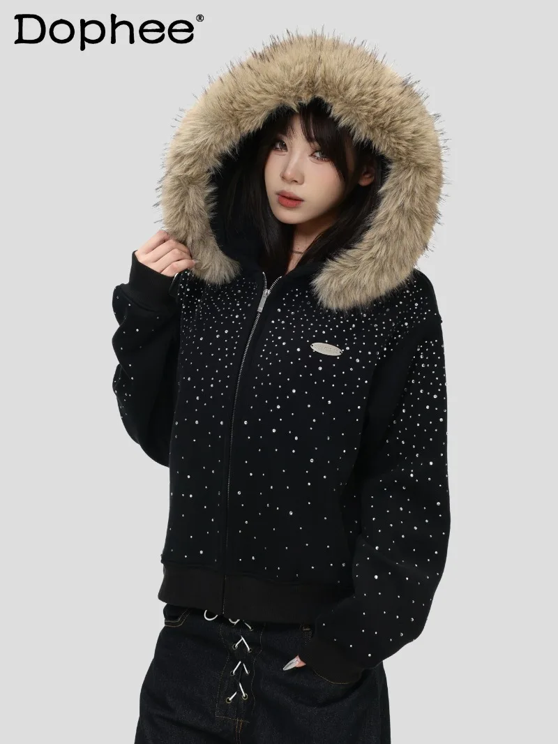 

American Fashion Trend Heavy Craft Starry Sky Fur Collar Hooded Sweatshirt Loose Casual Fleece Warm Jacket for Women