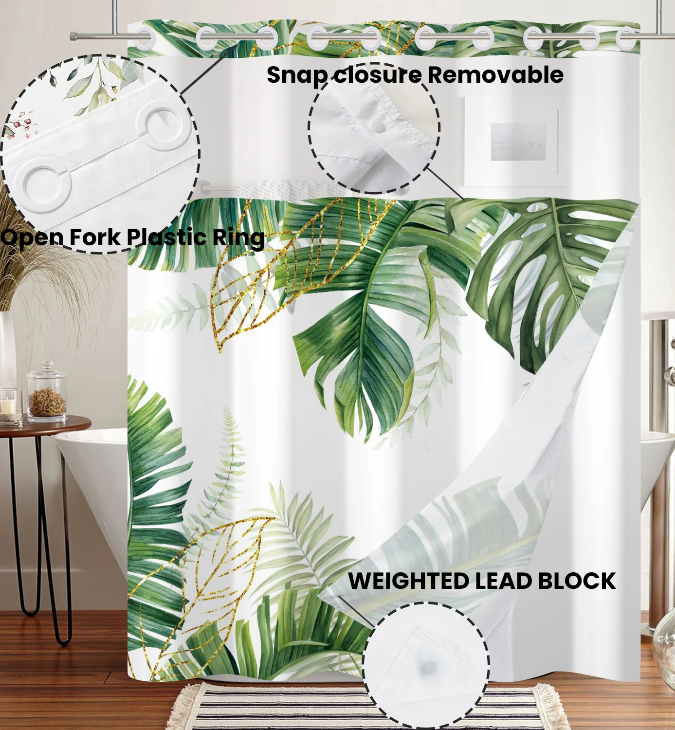 No Hooks Double Layer Shower Curtain Waterproof Removable Lined Leaves Plants Flower Modern Bathroom Decorative Shower Curtains