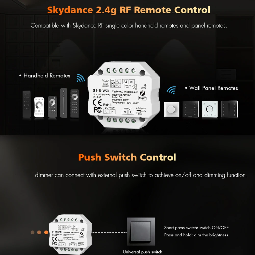 Tuya Zigbee AC Triac Dimmer LED Lamp Controller Push Switch 110V 220V 230V Wireless Rotary Control Touch Remote for Alexa Google