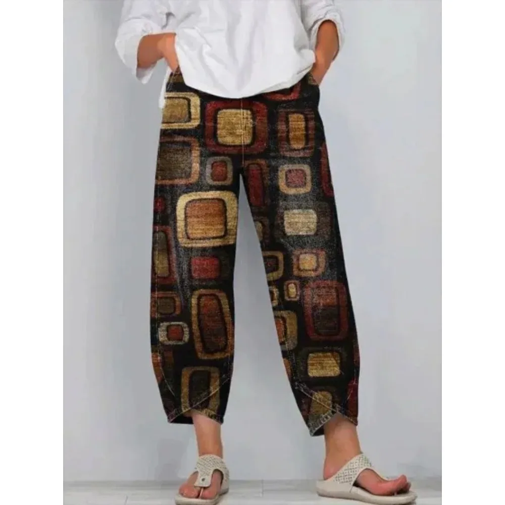 Kurze Harem-Capri-Hose mit abstraktem geometrischem Aufdruck für Damen, Baumwolle, lockere Passform, Tulpen-Wickelhose, knöchellange Freizeithose, XXS-4XL – Detail 22