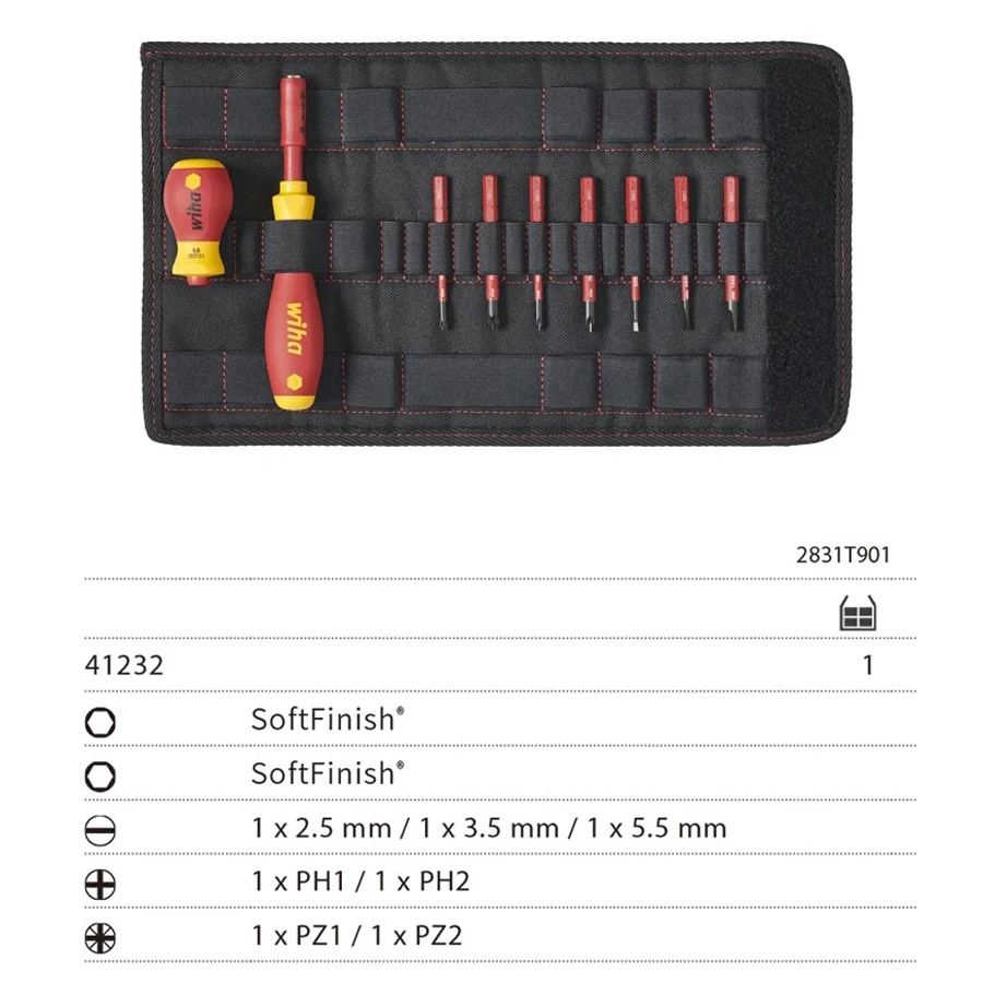 WIHA 41231/41232/41233 19/10 PCS Insulated Screwdriver Set with Multi Size Bits and Folding Bag for Slotted Phillips Screws