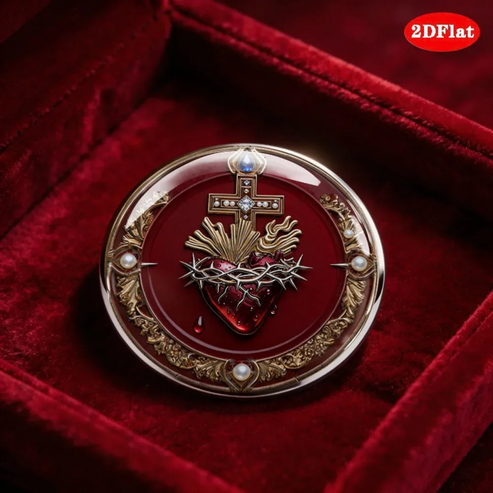 6-20Pcs 2D FLAT Vintage Red Heart Thorn Crown Cross Graphic Stainless Steel Brooch, Ornate Border Badge Pin, Unisex Holiday Gift