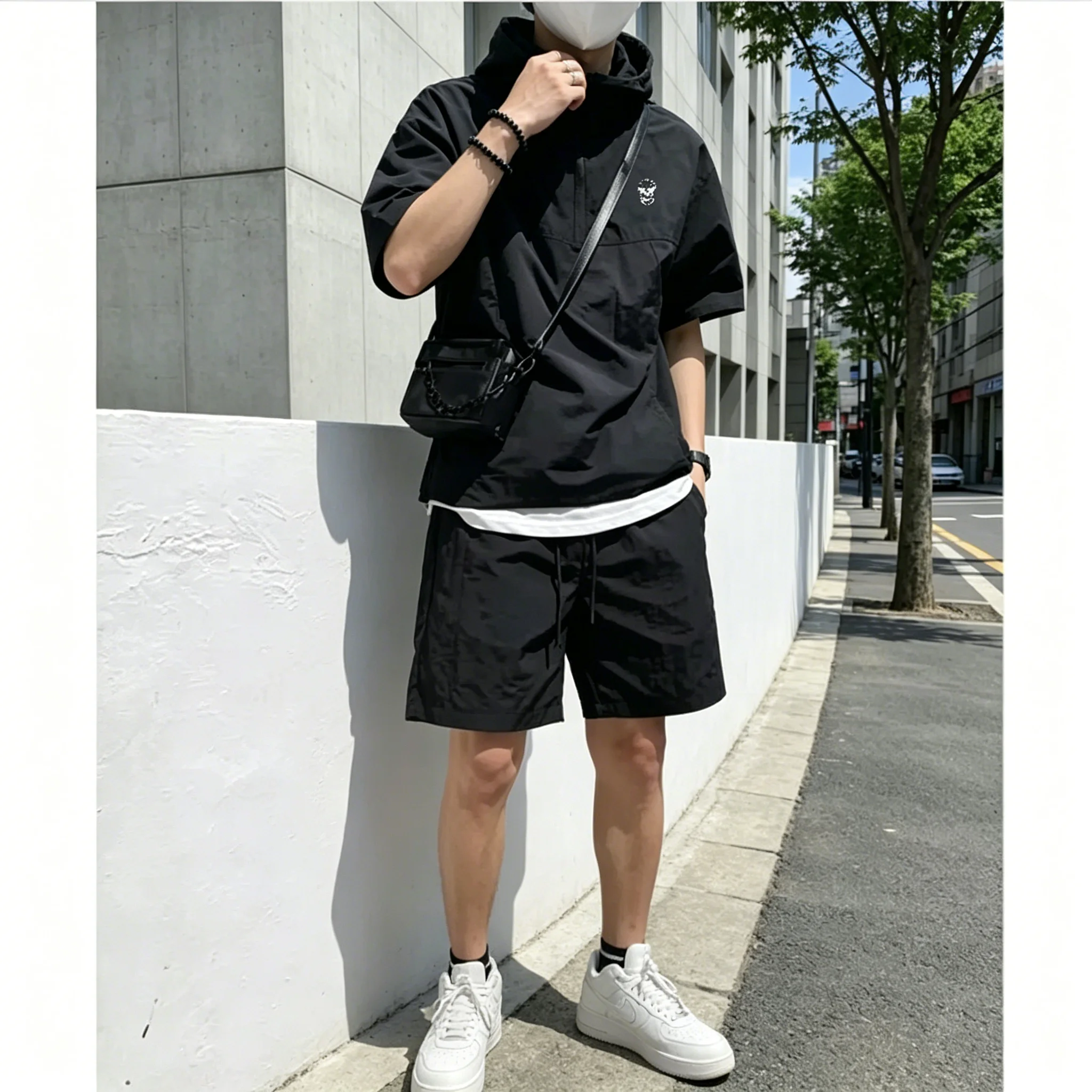 High Quality Men's Hooded Zipped Golf Short-sleeved Top + Shorts Two-piece Set Summer Casual Loose Tops Golf Suit Golf Clothing