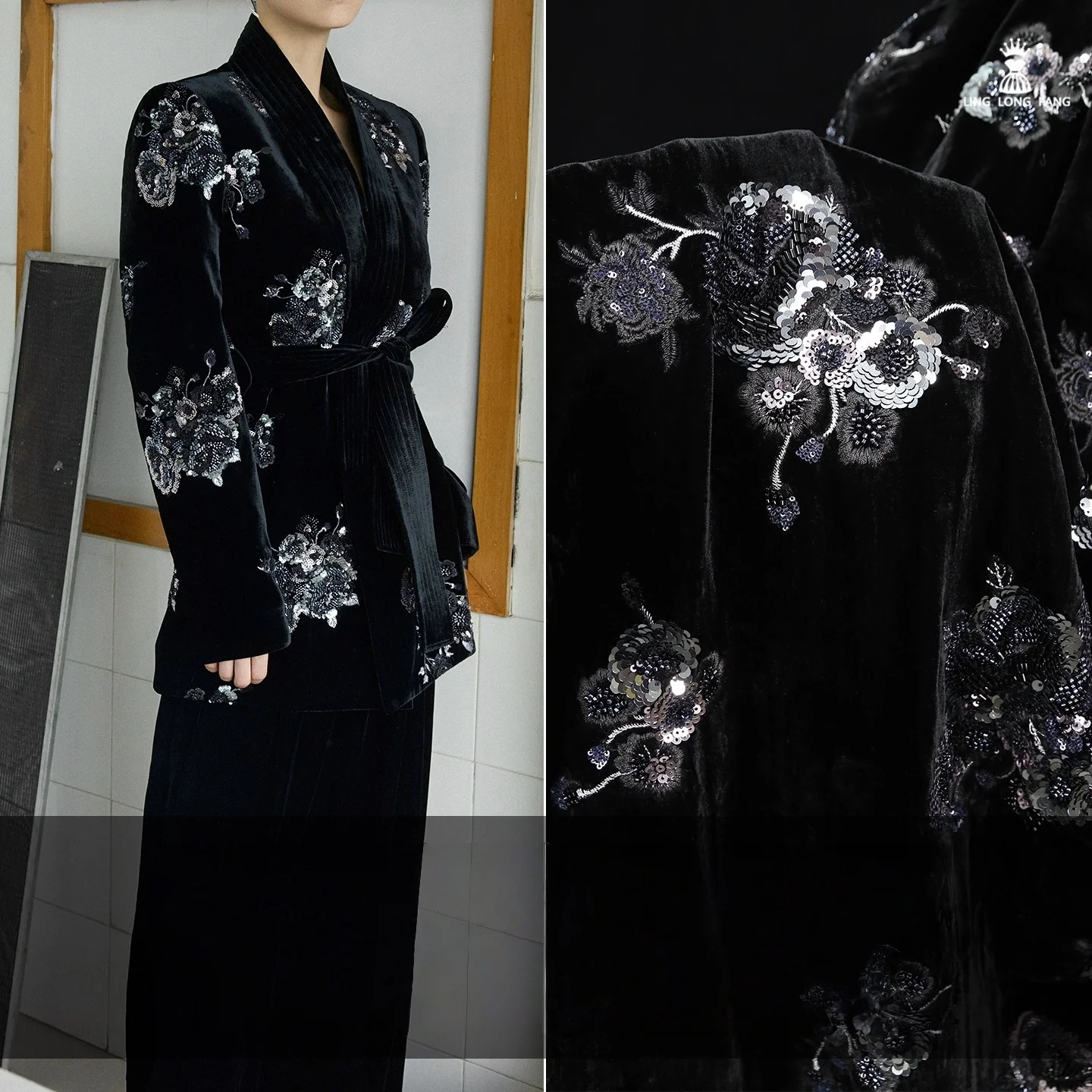 

Black rose glitter velvet fabric embroidered embroidery sewn high-end party evening dress cheongsam designer fabric