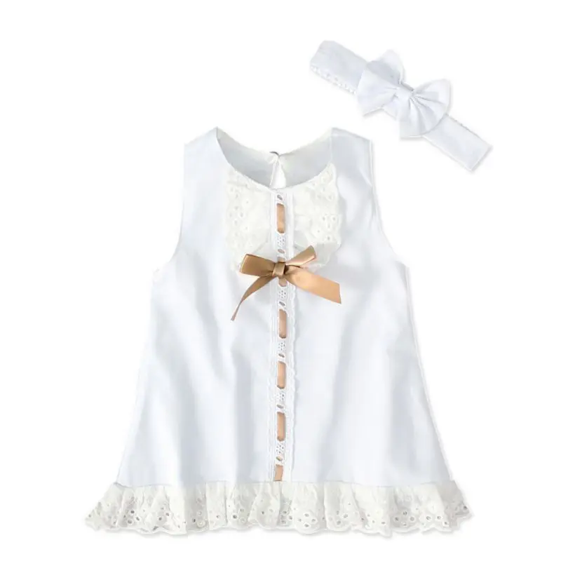 Summer Infant Baby Girl Dresses Sweet Solid Color Bow Lace Hem Sleeveless Headband Two-Piece Princess Dress Clothing For 0-2Y