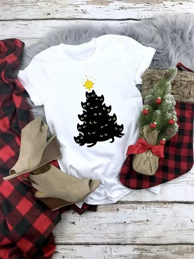 

Женская одежда, топ, женская одежда на новый год, модная забавная стильная трендовая Рождественская футболка с котом, футболки с графическим принтом