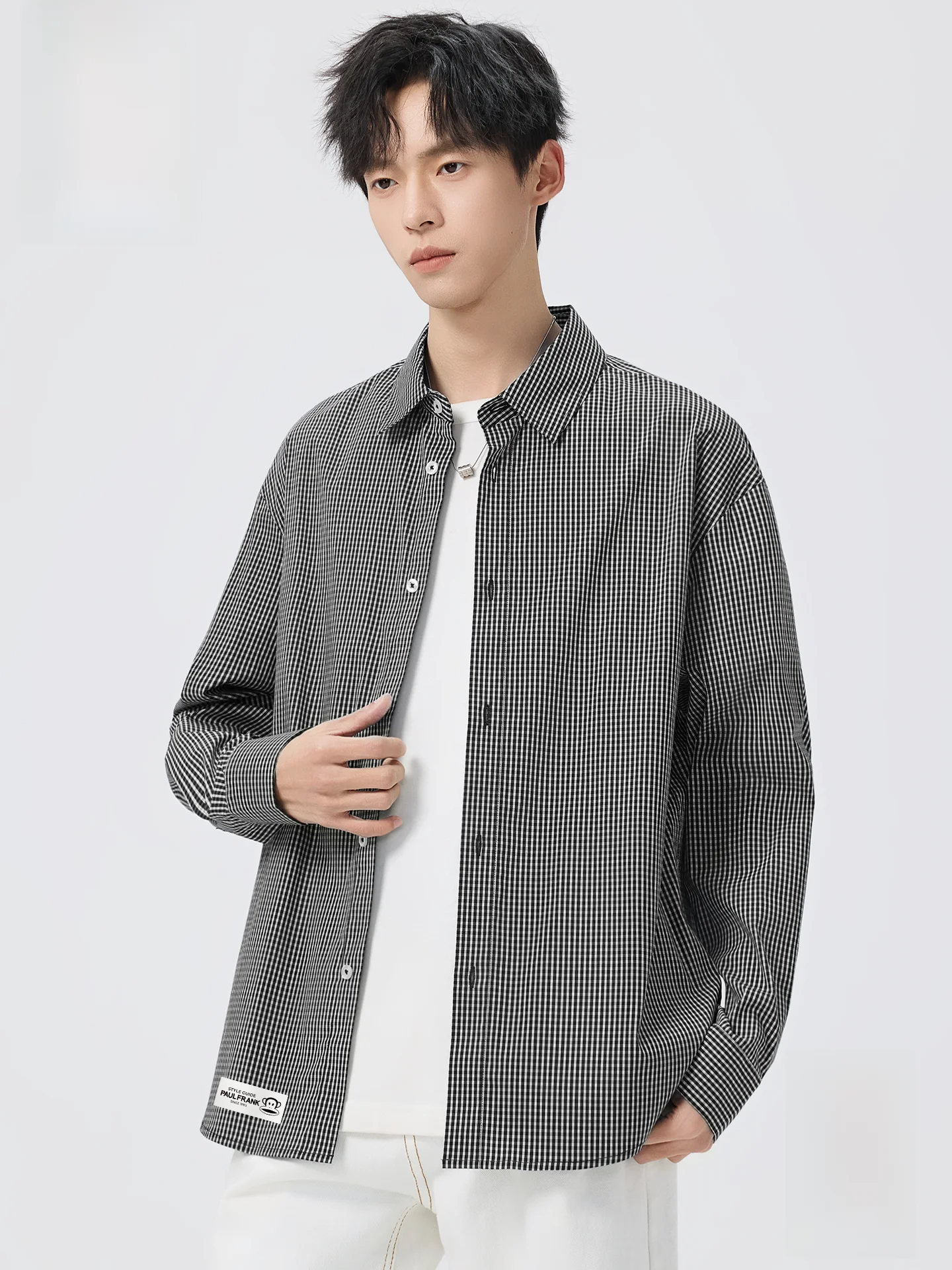 

Large Mouth Monkey Bla White Plaid Men's irt American y Trendy Outerwear Spring 2026 Loose Fit Long Sve