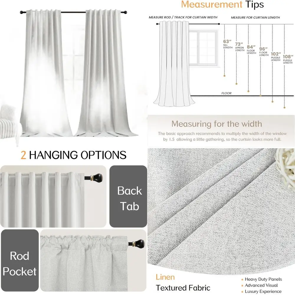 Leinenstrukturierte 102 lange Verdunkelungsvorhänge, 52 breit, grau-weiß, 2-teiliges Set für die Inneneinrichtung