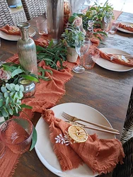 Runner da tavolo in garza rustico ruggine Tavolo da pranzo in cotone terracotta Texture bava retrò Decorazione natalizia per la casa vintage